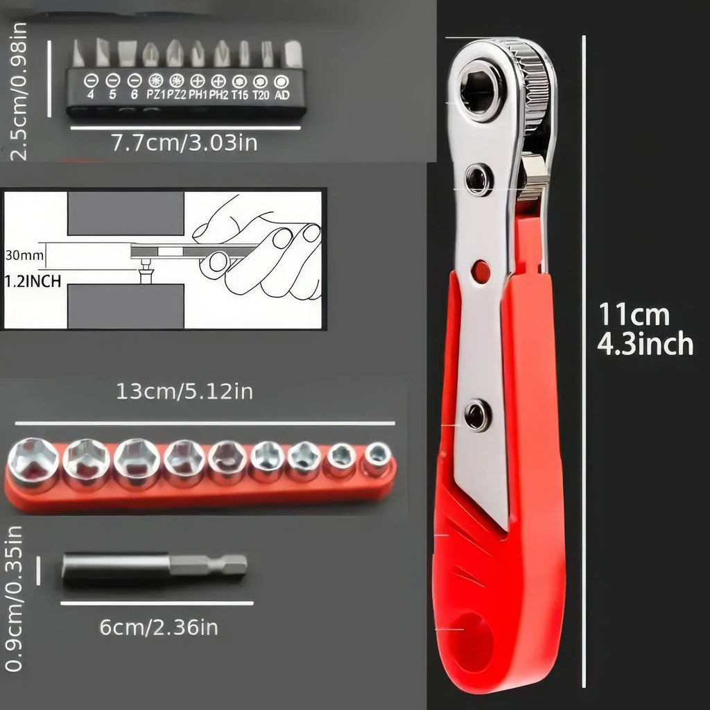 1 Set of Multifunctional Screwdriver in Red, with Forward and Reverse Ratchet, Compact Tool Set, Suitable for Small Space Use