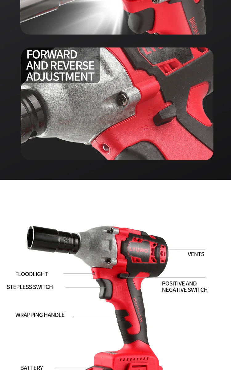 LYUWO 20V 420N. m Industrial Grade Impact Wrench For Automotive Repair, Woodworking, Lithium Battery, Brushless Electric Wrench