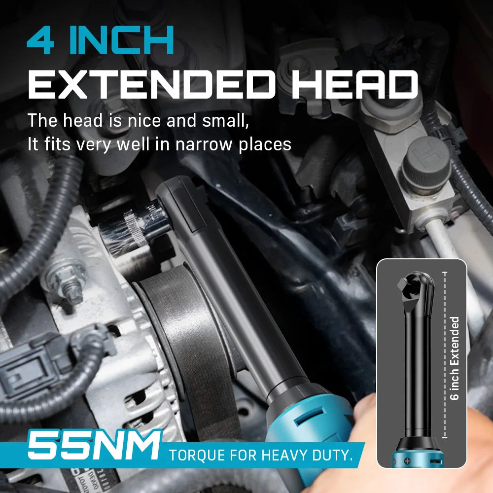 SEESII 6" Extended Ratchet Wrench 3/8"Cordless Electric Wrench 55Nm 12V Rechargeable Angle Wrench Car Repair Tools w/2 Batteries