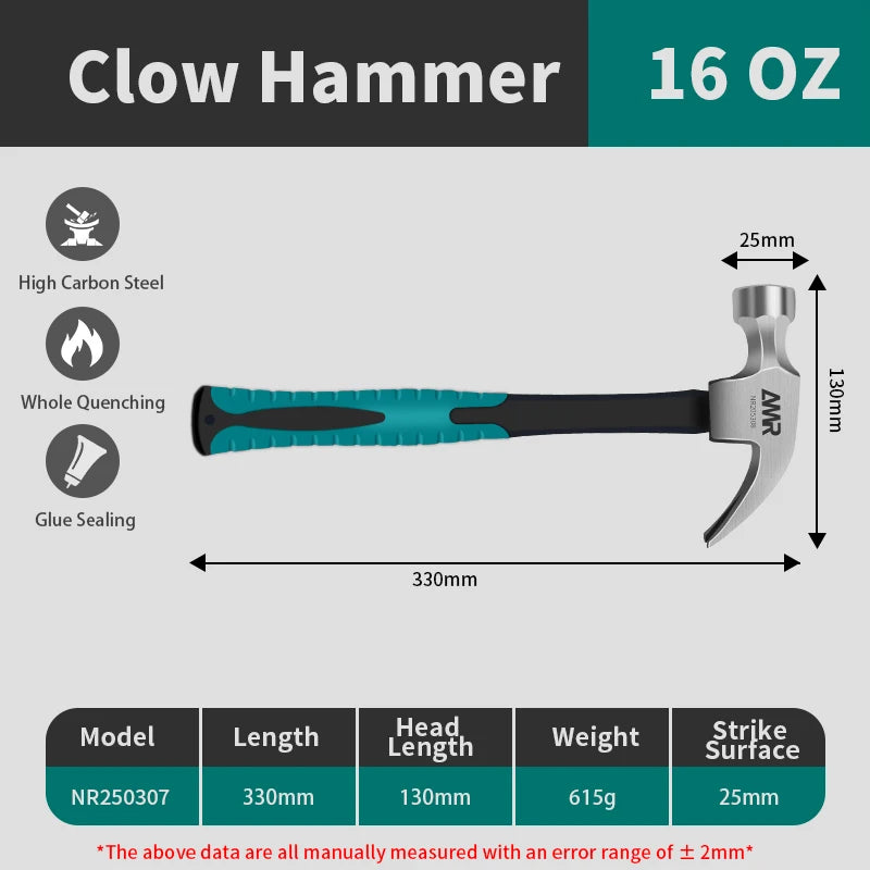 AMR Claw Hammer 8OZ/12OZ/16OZ Claw Framing Hammer with High-carbon Steel Hammer Head & Anti Slip Handle