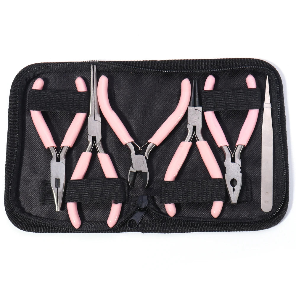 Portable Pink Stainless Steel Pliers Tool Set Jewelry Making Round Nose Plier Tweezers Kit for Handcrafts Beading Sewing DIY Sup
