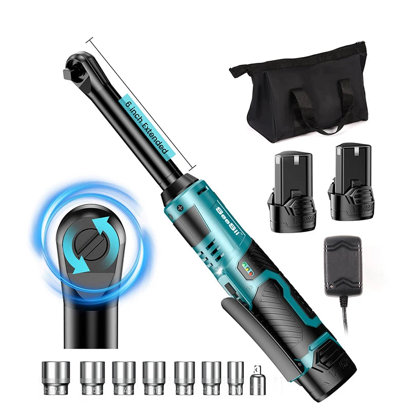 SEESII 6" Extended Ratchet Wrench 3/8"Cordless Electric Wrench 55Nm 12V Rechargeable Angle Wrench Car Repair Tools w/2 Batteries