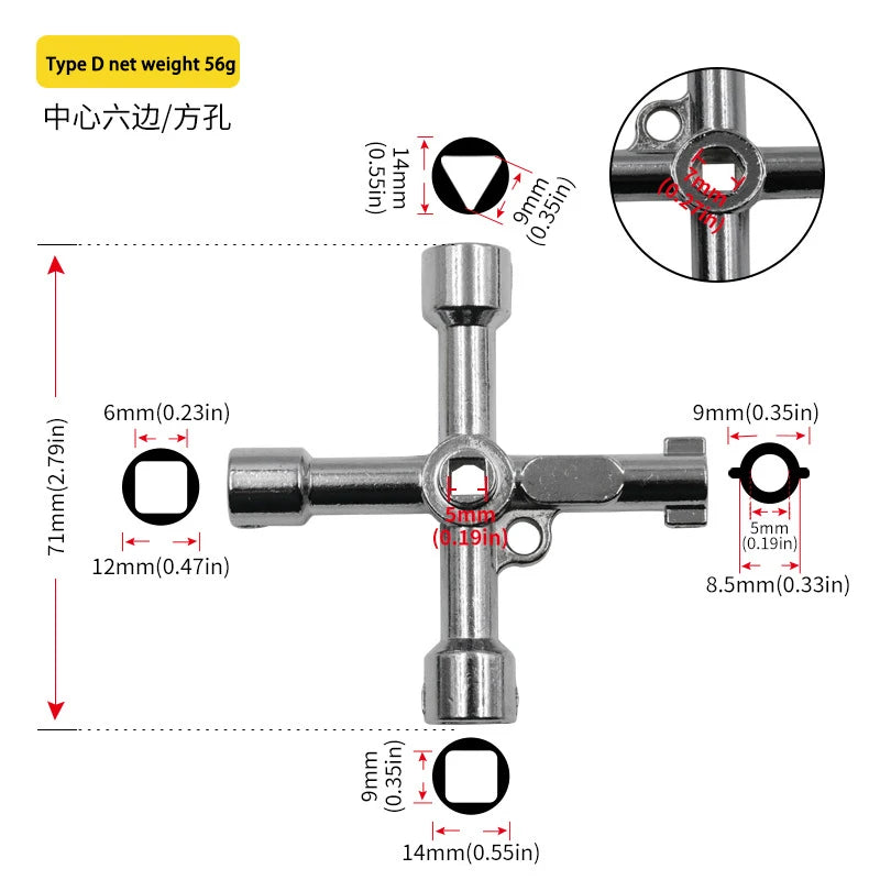 4in1 Electric Cabinet Elevator Hex Key Wrench Watermeter Valve Inner Triangle Wrench Multi-purpose Screwdriver Tool Set Portable