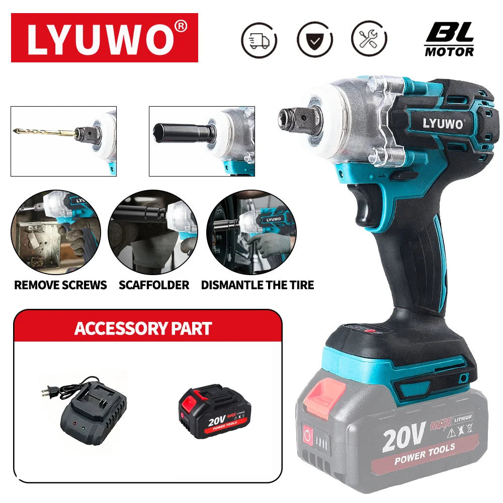 LYUWO 20V 420N. m Industrial Grade Impact Wrench For Automotive Repair, Woodworking, Lithium Battery, Brushless Electric Wrench