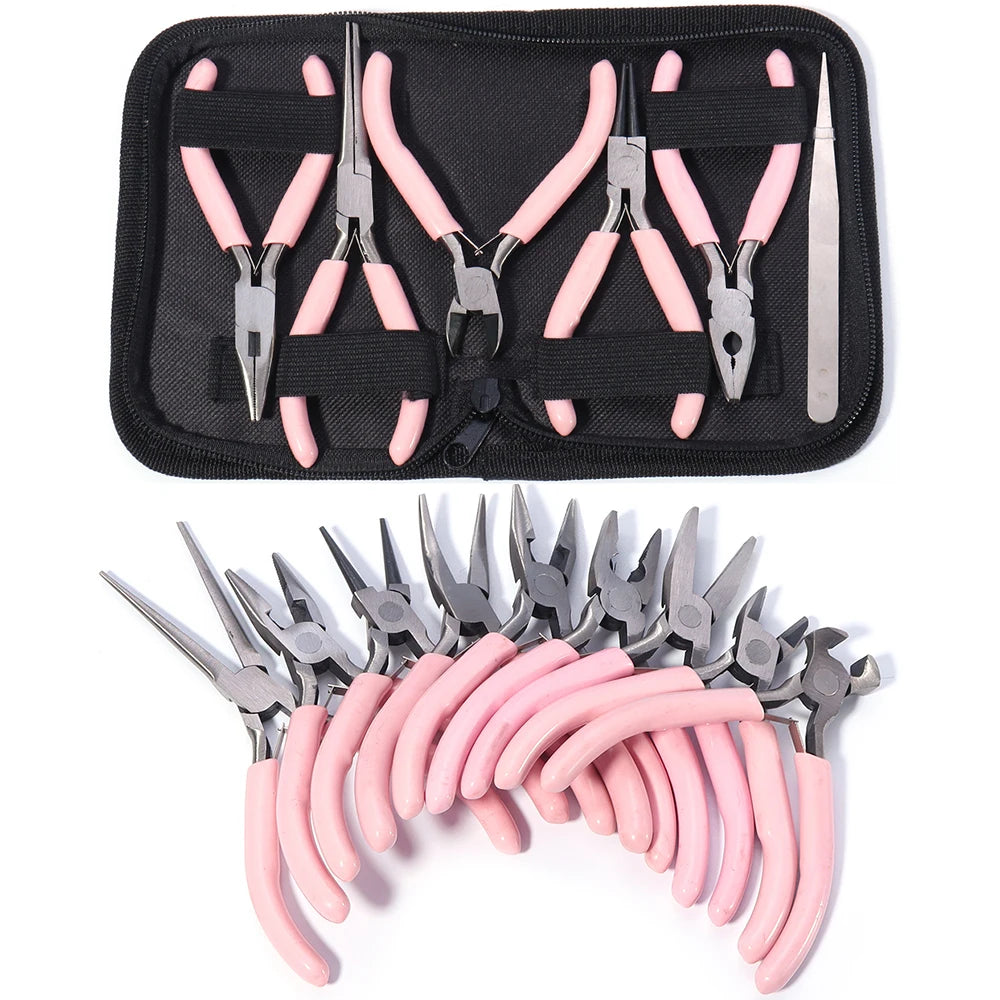 Portable Pink Stainless Steel Pliers Tool Set Jewelry Making Round Nose Plier Tweezers Kit for Handcrafts Beading Sewing DIY Sup