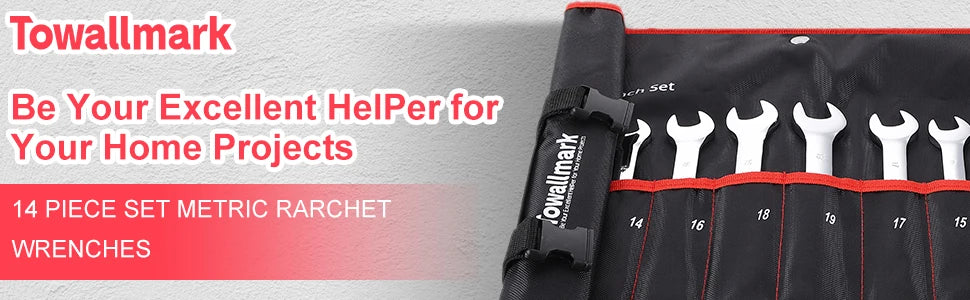 14-Piece Wrench Set, Ratcheting Wrench Set, Metric 6-19mm,Chrome Vanadium Steel with Storage Bag for truck/garage projects, etc.