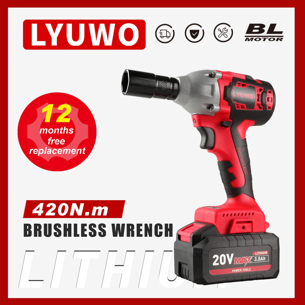 LYUWO 20V 420N. m Industrial Grade Impact Wrench For Automotive Repair, Woodworking, Lithium Battery, Brushless Electric Wrench