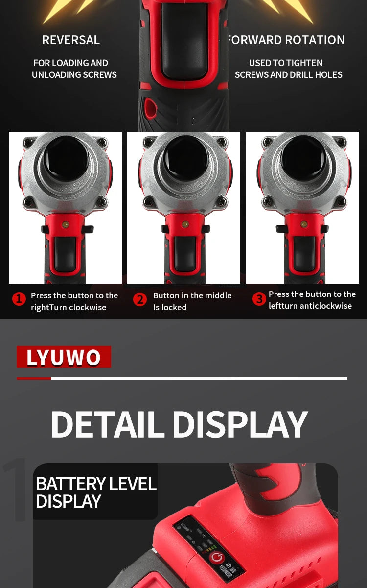 LYUWO 20V 420N. m Industrial Grade Impact Wrench For Automotive Repair, Woodworking, Lithium Battery, Brushless Electric Wrench