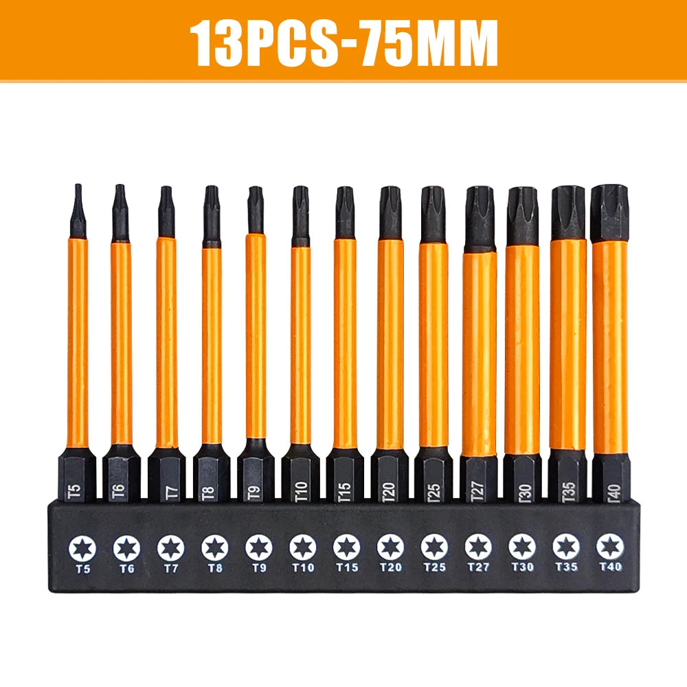 14Pcs 75/100/150mm Impact Torx Bit Set With Screwdriver handle T5-T40 Star Screwdriver Bit