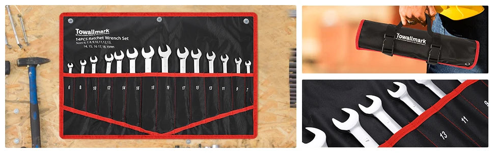 14-Piece Wrench Set, Ratcheting Wrench Set, Metric 6-19mm,Chrome Vanadium Steel with Storage Bag for truck/garage projects, etc.