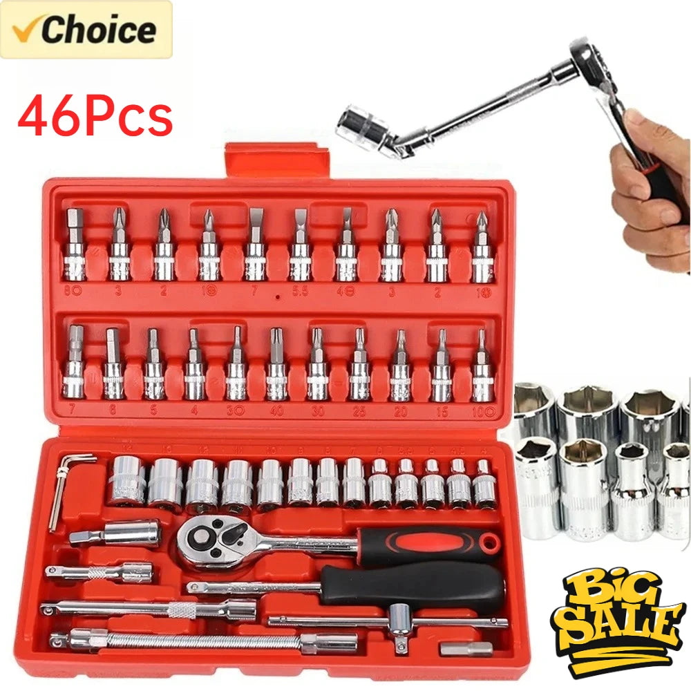 １Pc Krachtige 46pcs/set Carbon Steel Combination Set 1/4" Wrench Socket Spanner Screwdriver Household Motorcycle Car Repair Tool