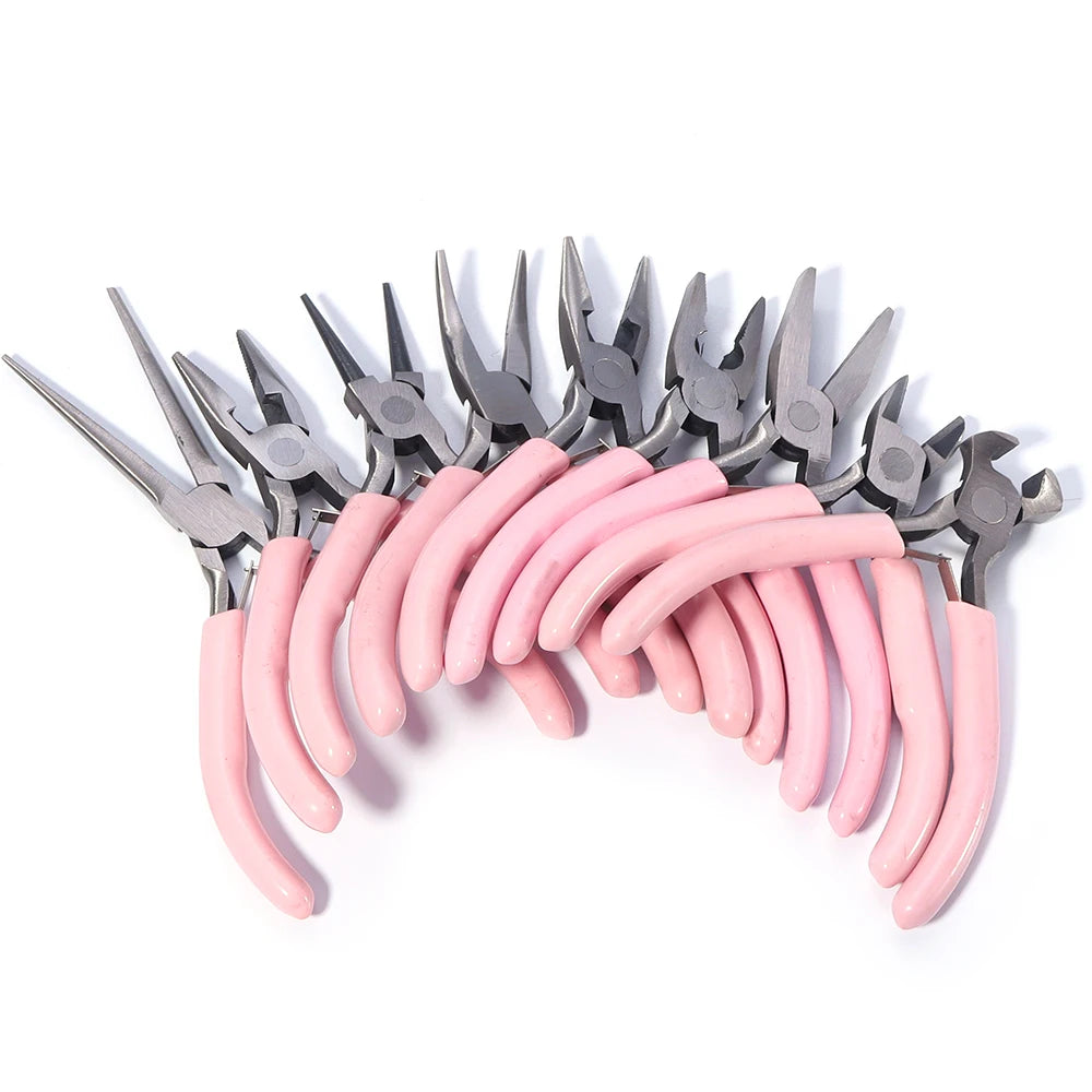 Portable Pink Stainless Steel Pliers Tool Set Jewelry Making Round Nose Plier Tweezers Kit for Handcrafts Beading Sewing DIY Sup