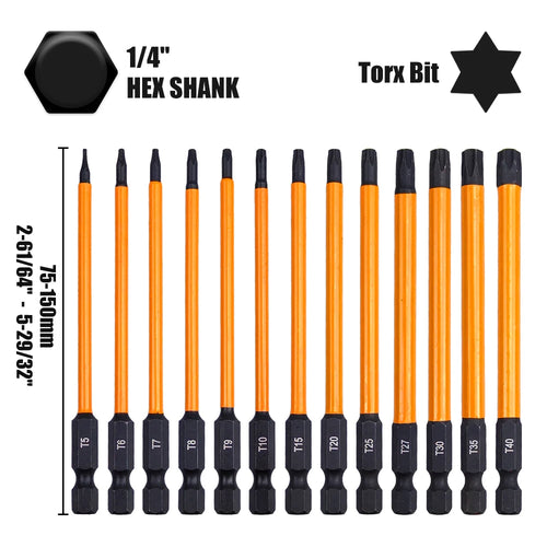 14Pcs 75/100/150mm Impact Torx Bit Set With Screwdriver handle T5-T40 Star Screwdriver Bit