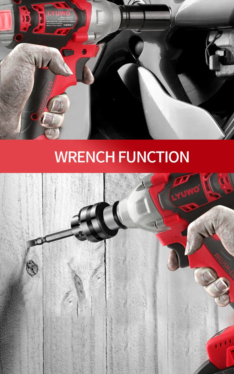 LYUWO 20V 420N. m Industrial Grade Impact Wrench For Automotive Repair, Woodworking, Lithium Battery, Brushless Electric Wrench