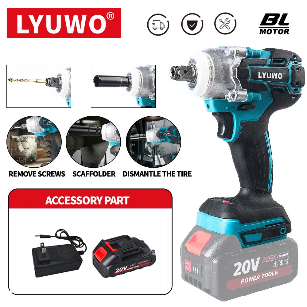 LYUWO 20V 420N. m Industrial Grade Impact Wrench For Automotive Repair, Woodworking, Lithium Battery, Brushless Electric Wrench