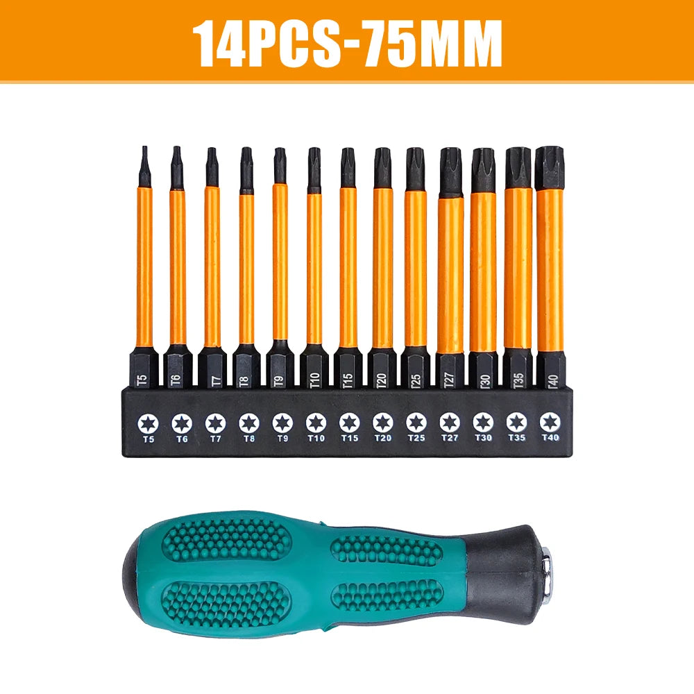 14Pcs 75/100/150mm Impact Torx Bit Set With Screwdriver handle T5-T40 Star Screwdriver Bit