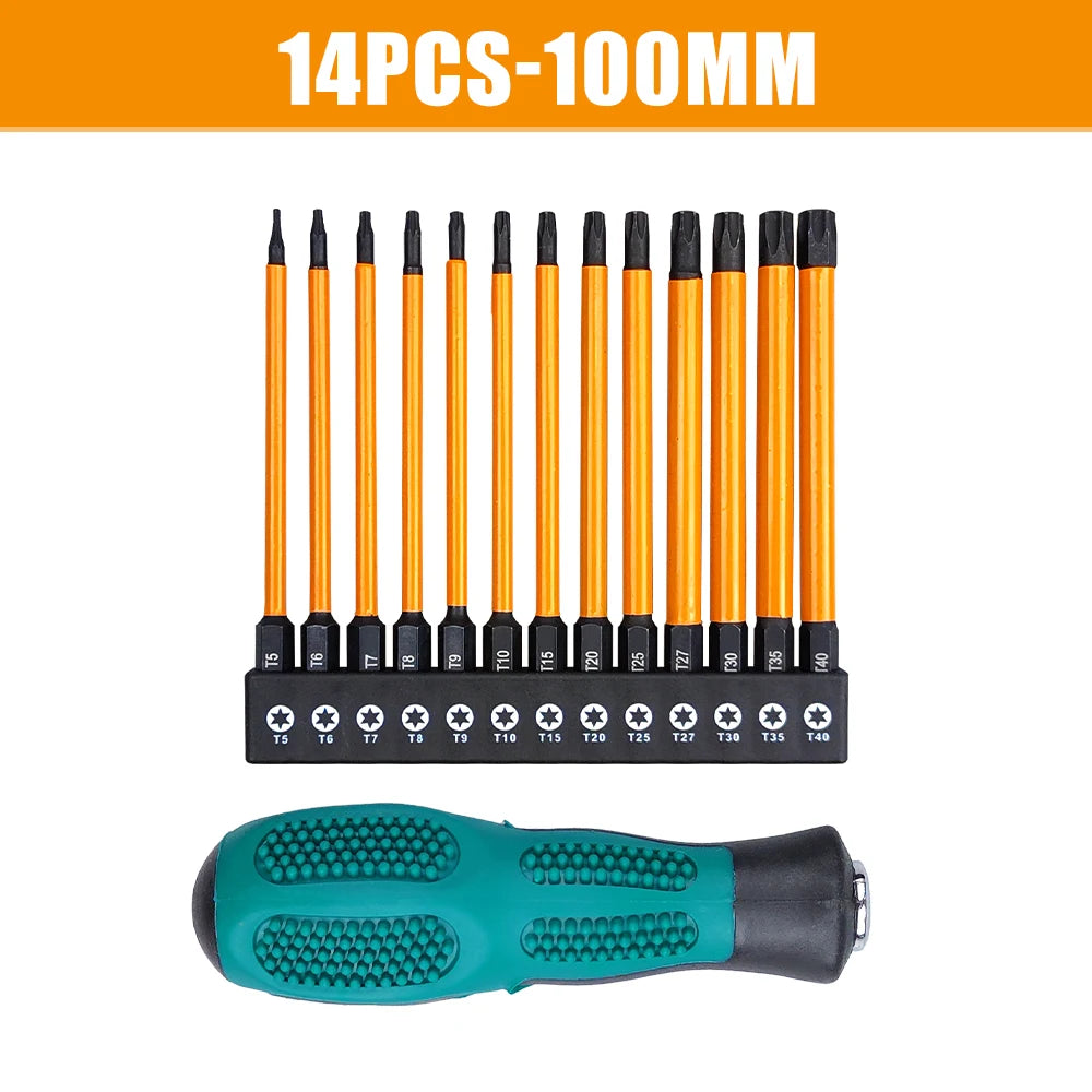 14Pcs 75/100/150mm Impact Torx Bit Set With Screwdriver handle T5-T40 Star Screwdriver Bit