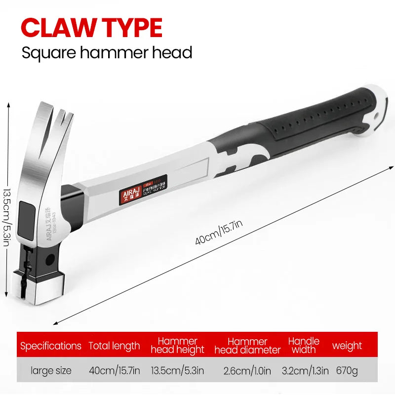 AIRAJ Claw Hammer Stainless Steel Long Handle Double Nail Groove Hammer Labor-Saving Anti-Skid Multifunctional Manual Tool