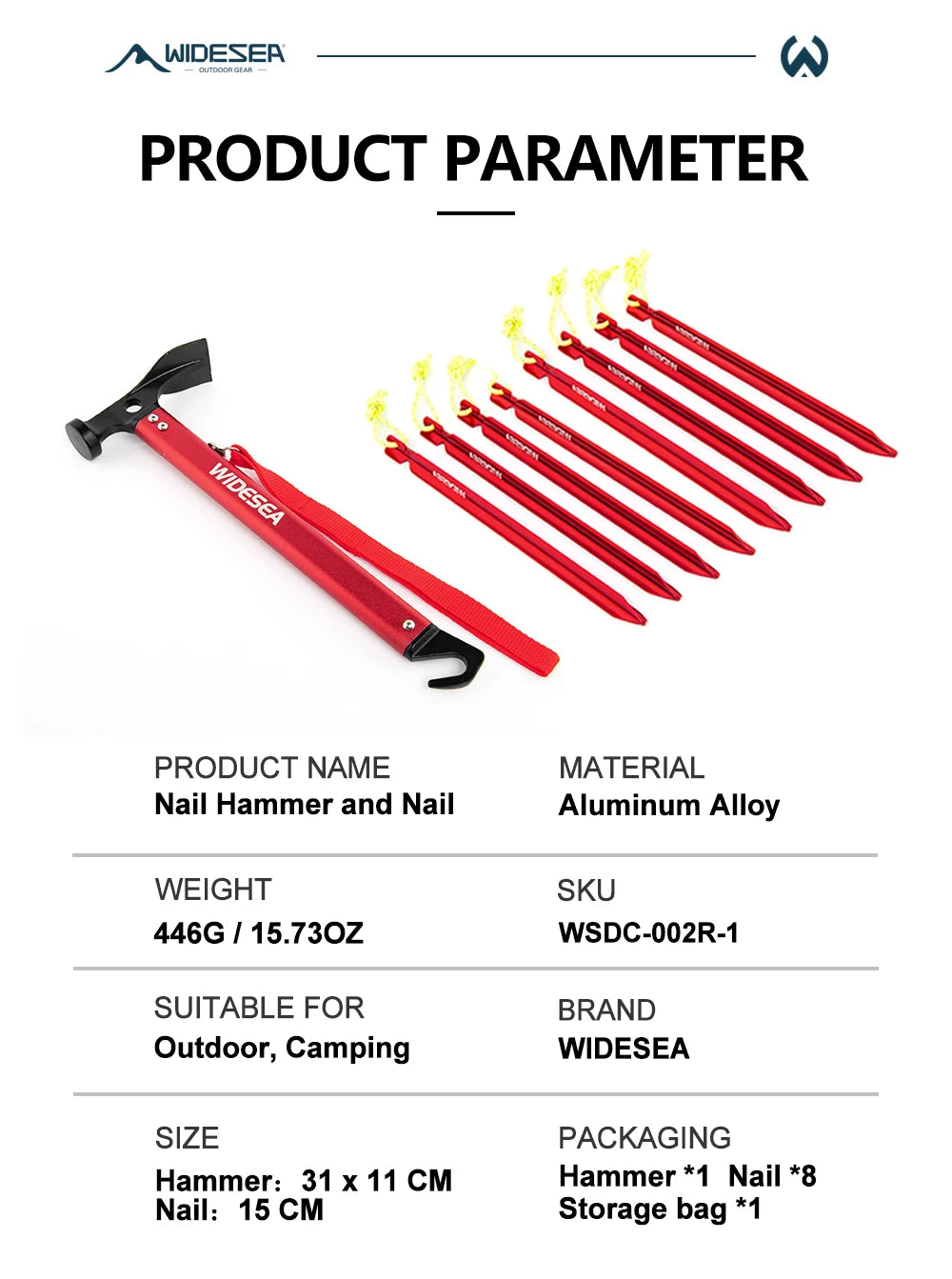 Widesea Aluminum Alloy Camping Nail Hammer Strong Durable Easy to Carry Multifunctional Hammer for Outdoor Tent Staking Backpack