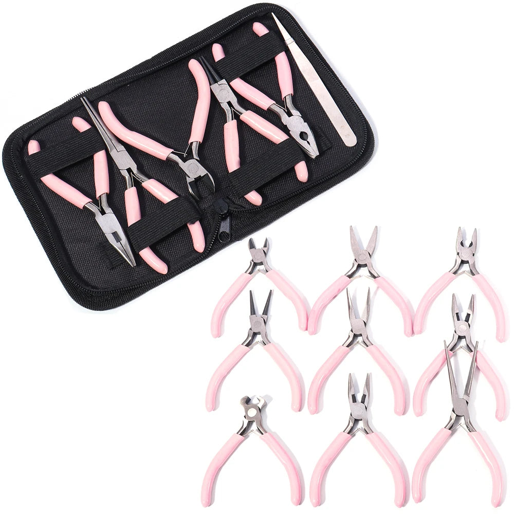 Portable Pink Stainless Steel Pliers Tool Set Jewelry Making Round Nose Plier Tweezers Kit for Handcrafts Beading Sewing DIY Sup
