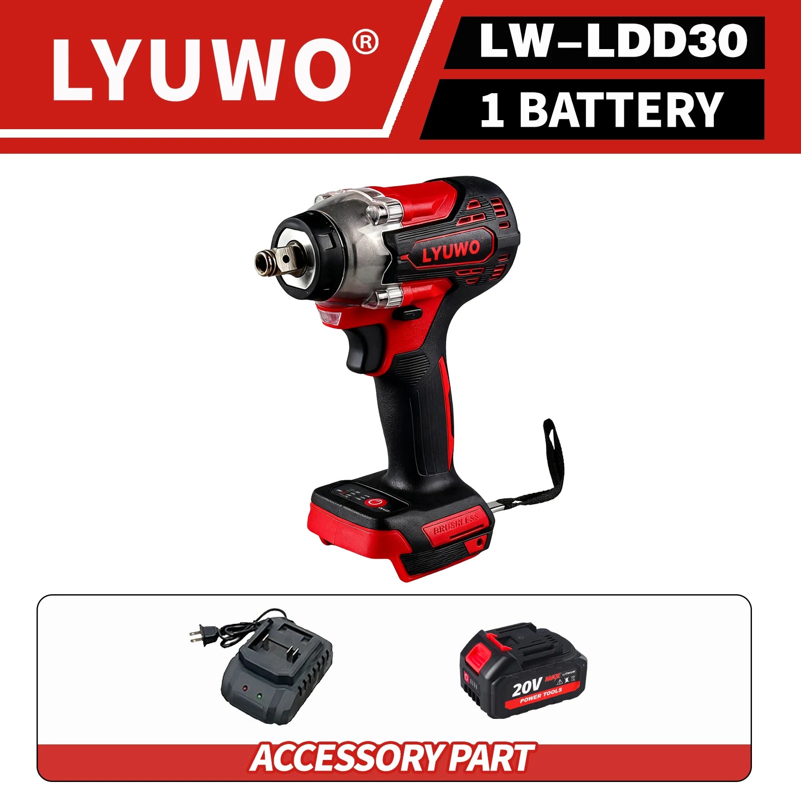 LYUWO 20V 420N. m Industrial Grade Impact Wrench For Automotive Repair, Woodworking, Lithium Battery, Brushless Electric Wrench