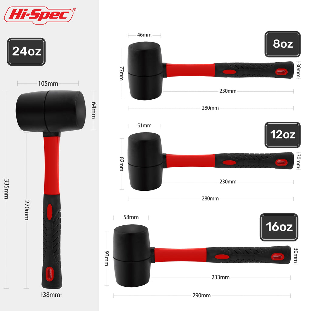 Hi-Spec Double Face Rubber Hammer, Heavy Duty Mallet with Insulated Hand Tool & Anti-Slip Grip for Installation/DIY (8/16/24 Oz)
