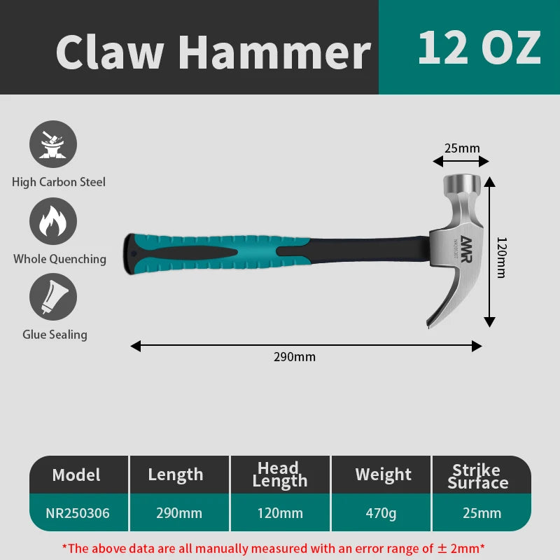 AMR Claw Hammer 8OZ/12OZ/16OZ Claw Framing Hammer with High-carbon Steel Hammer Head & Anti Slip Handle