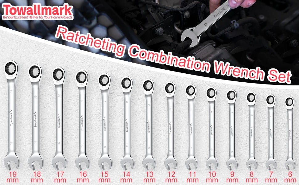 14-Piece Wrench Set, Ratcheting Wrench Set, Metric 6-19mm,Chrome Vanadium Steel with Storage Bag for truck/garage projects, etc.