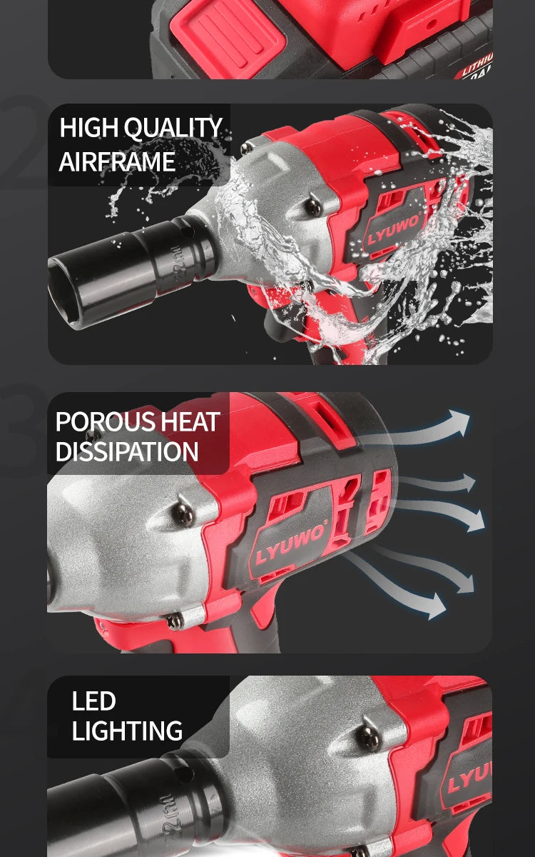 LYUWO 20V 420N. m Industrial Grade Impact Wrench For Automotive Repair, Woodworking, Lithium Battery, Brushless Electric Wrench