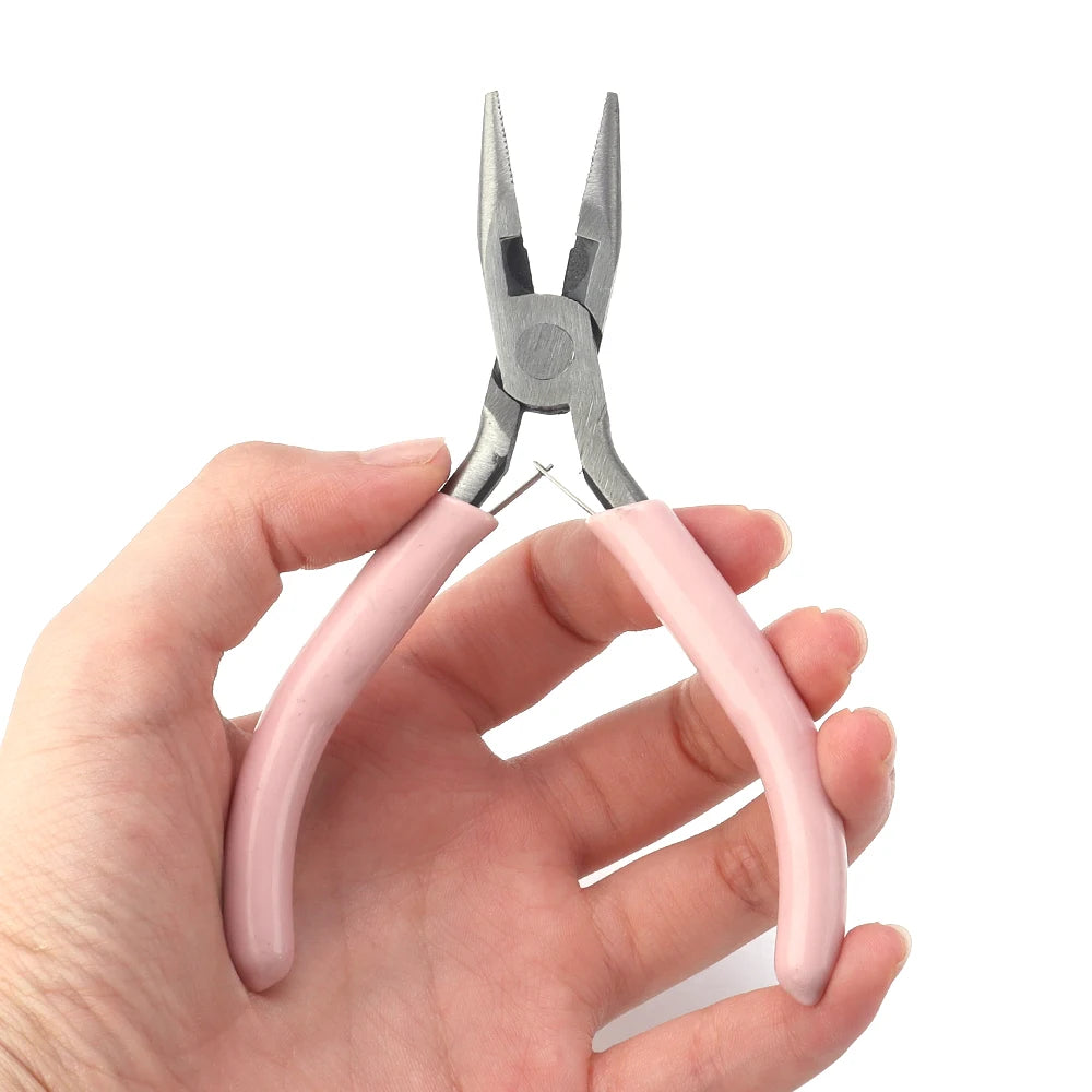 Portable Pink Stainless Steel Pliers Tool Set Jewelry Making Round Nose Plier Tweezers Kit for Handcrafts Beading Sewing DIY Sup