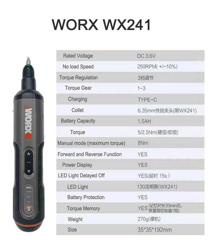 Worx 4V Mini Electrical Screwdriver Set WX242 WX241 WX240 Smart Cordless Electric Screwdrivers USB Rechargeable Hand Drill Tools