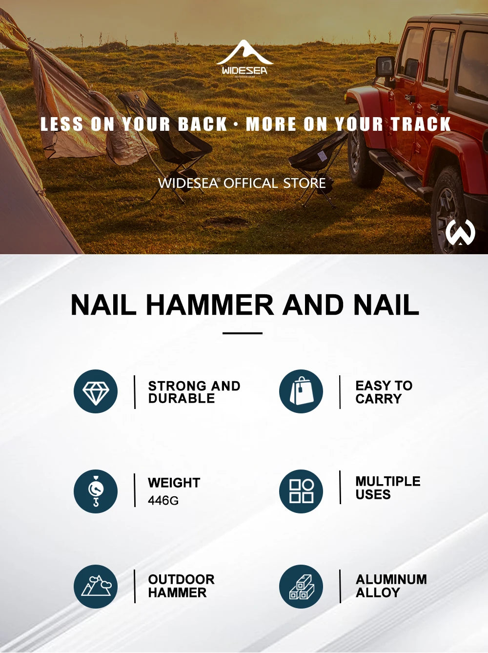 Widesea Aluminum Alloy Camping Nail Hammer Strong Durable Easy to Carry Multifunctional Hammer for Outdoor Tent Staking Backpack