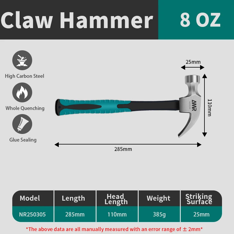 AMR Claw Hammer 8OZ/12OZ/16OZ Claw Framing Hammer with High-carbon Steel Hammer Head & Anti Slip Handle