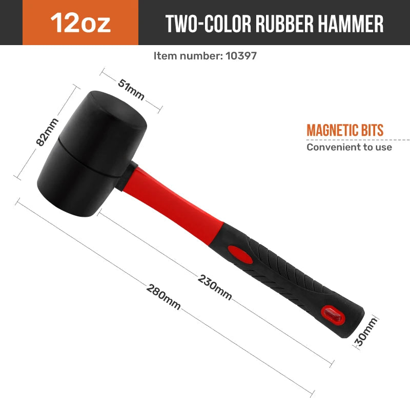 Hi-Spec Double Face Rubber Hammer, Heavy Duty Mallet with Insulated Hand Tool & Anti-Slip Grip for Installation/DIY (8/16/24 Oz)