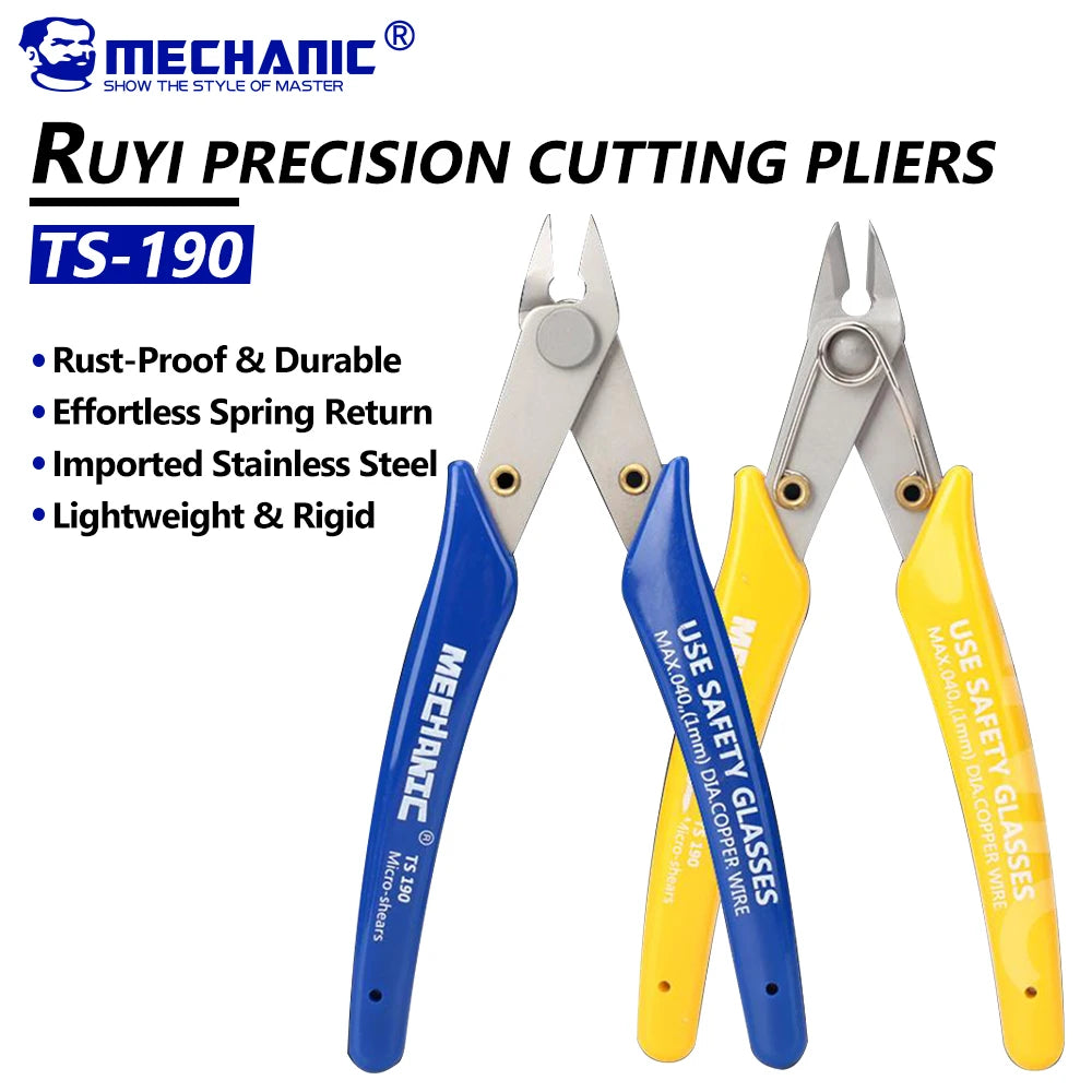 MECHANIC Diagonal Cutting Pliers TS-190 High Precision Electronic Cutter for PCB Phone Repair Electrician Hand Tool with Spring