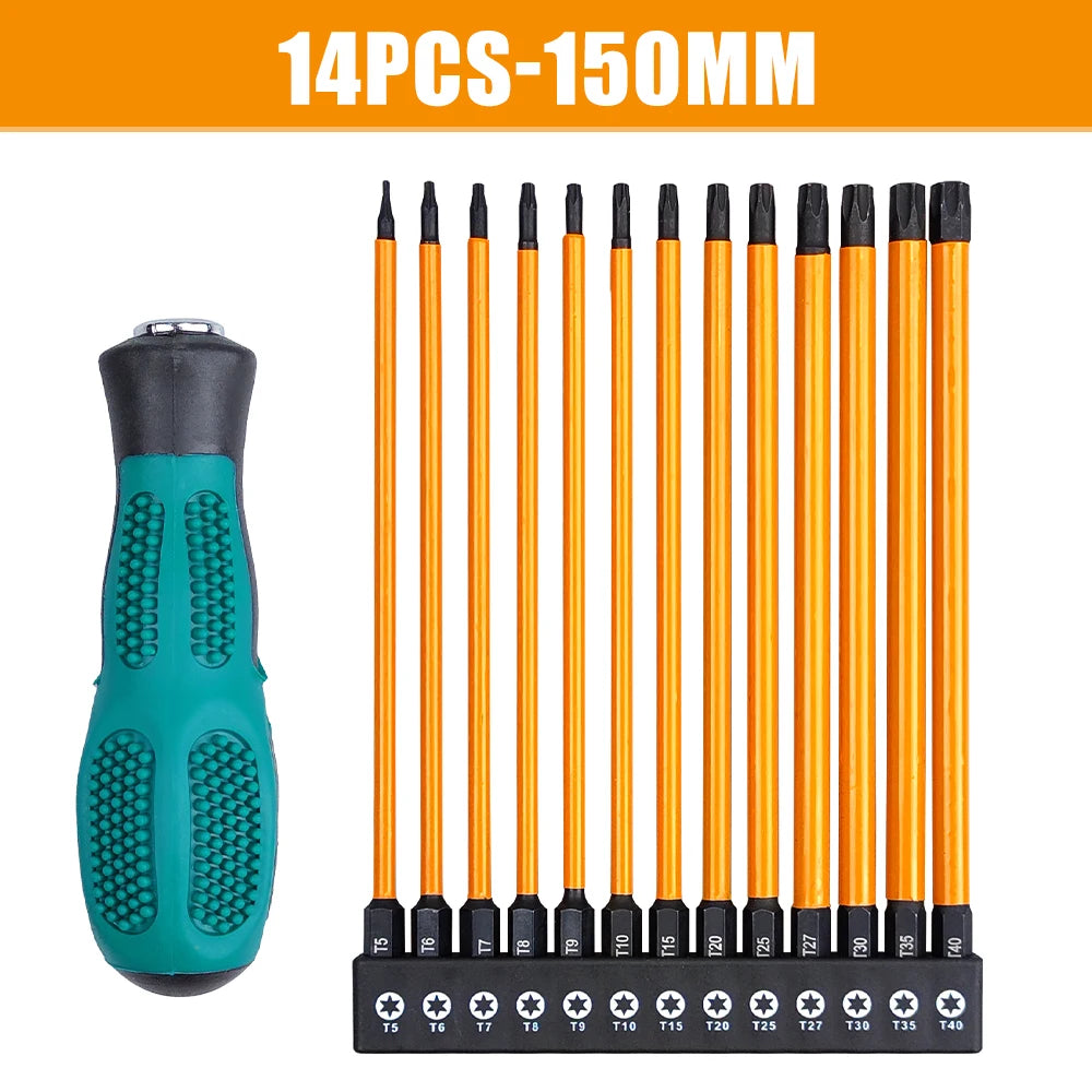 14Pcs 75/100/150mm Impact Torx Bit Set With Screwdriver handle T5-T40 Star Screwdriver Bit