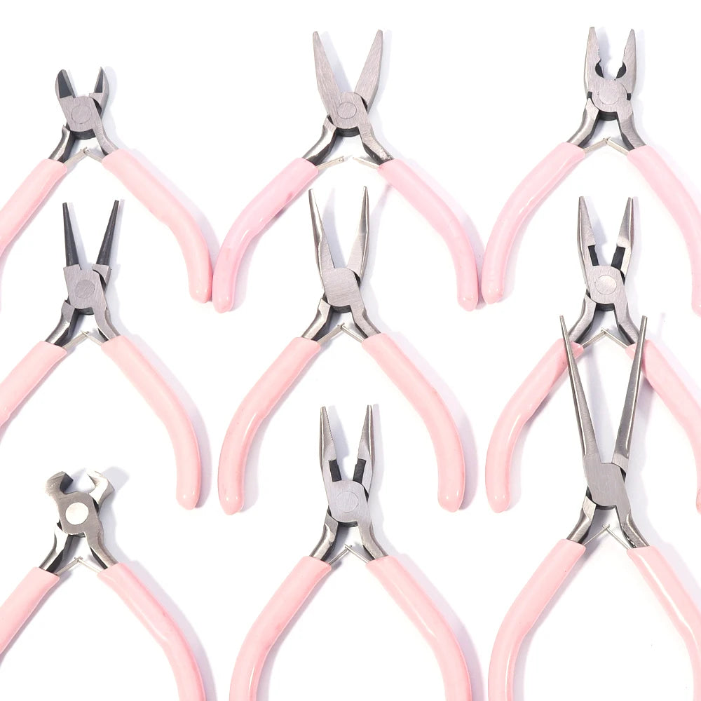 Portable Pink Stainless Steel Pliers Tool Set Jewelry Making Round Nose Plier Tweezers Kit for Handcrafts Beading Sewing DIY Sup