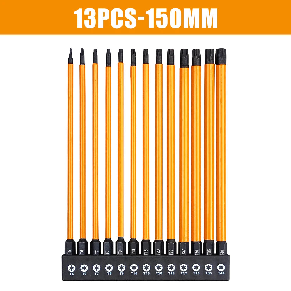 14Pcs 75/100/150mm Impact Torx Bit Set With Screwdriver handle T5-T40 Star Screwdriver Bit