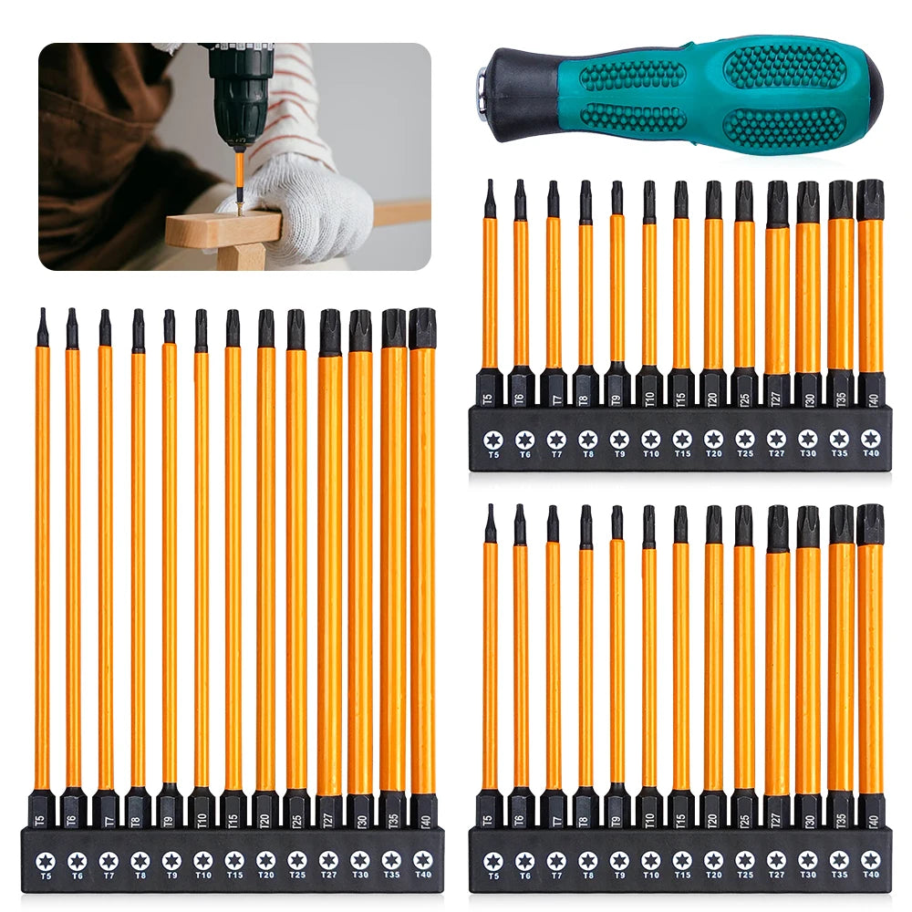 14Pcs 75/100/150mm Impact Torx Bit Set With Screwdriver handle T5-T40 Star Screwdriver Bit