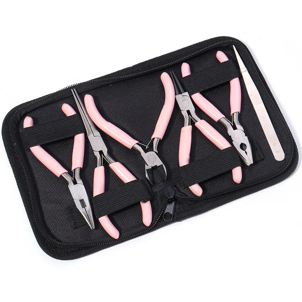 Portable Pink Stainless Steel Pliers Tool Set Jewelry Making Round Nose Plier Tweezers Kit for Handcrafts Beading Sewing DIY Sup