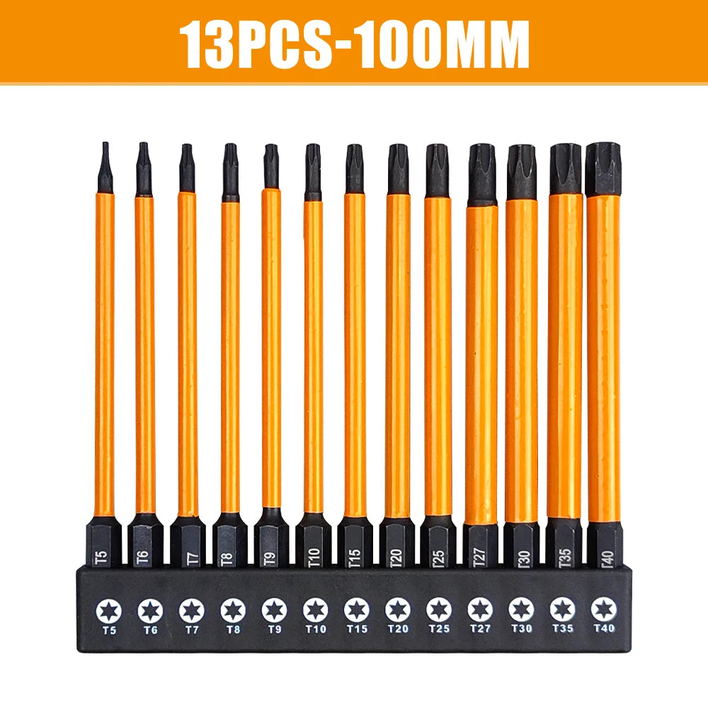 14Pcs 75/100/150mm Impact Torx Bit Set With Screwdriver handle T5-T40 Star Screwdriver Bit