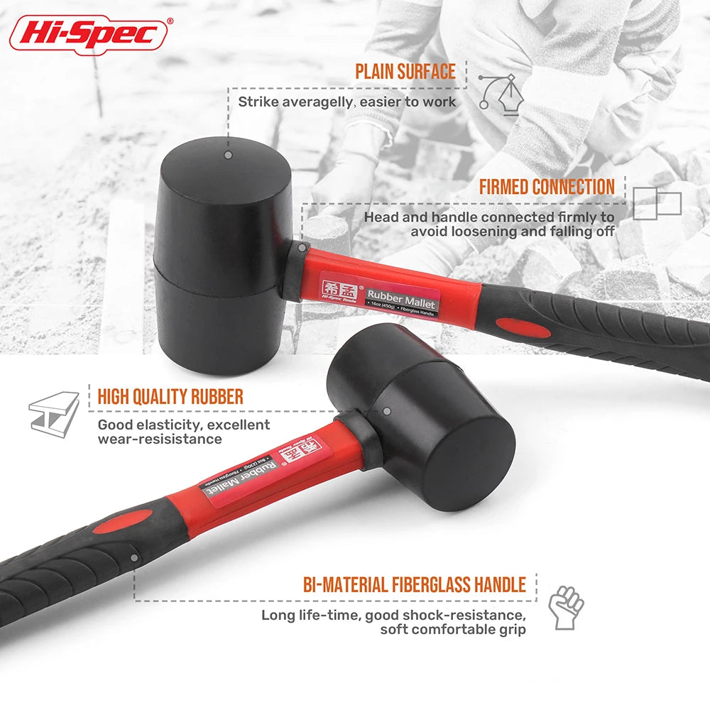 Hi-Spec Double Face Rubber Hammer, Heavy Duty Mallet with Insulated Hand Tool & Anti-Slip Grip for Installation/DIY (8/16/24 Oz)