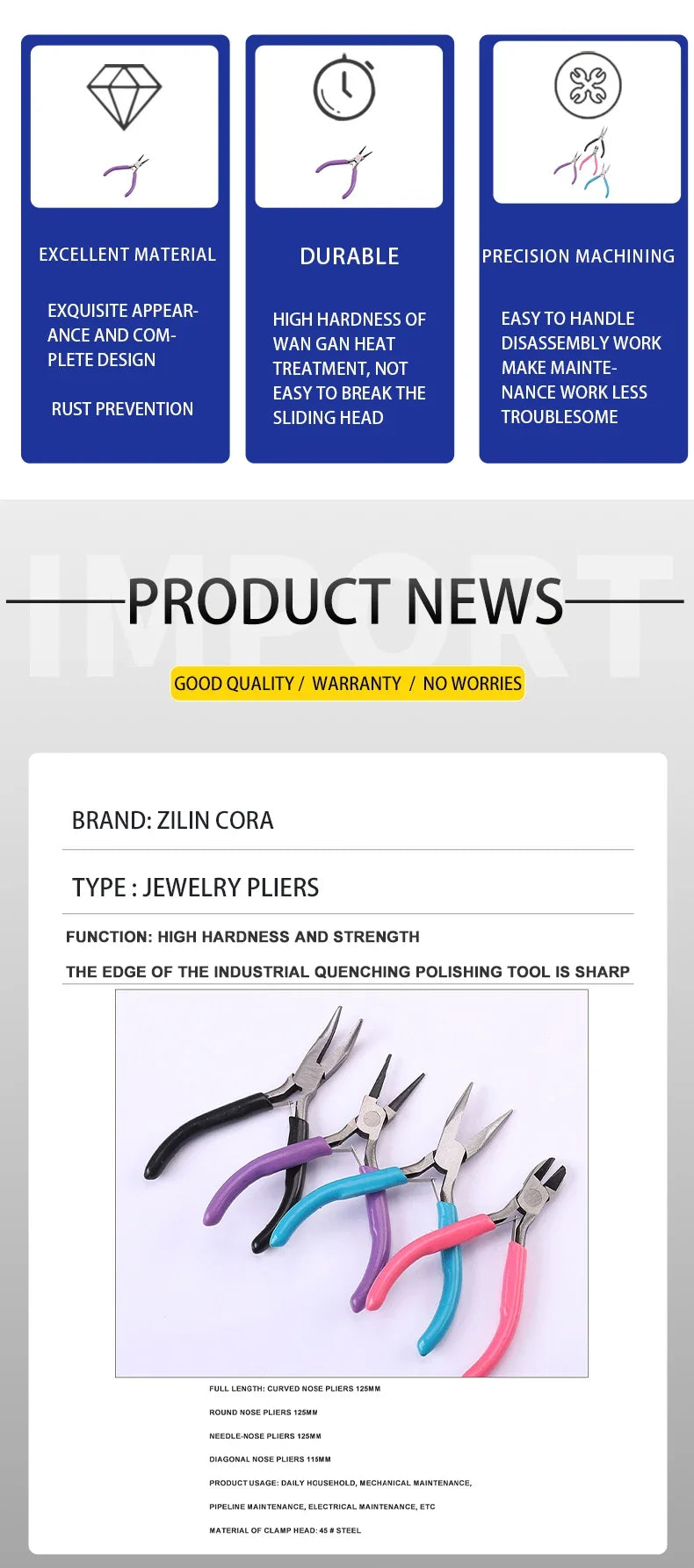 45# Carbon Steel Jewelry Pliers Needle/Chain/Round Nose Wire Cutter Tweezers Jewel Repair Handcrafts Beading Sewing Pliers Tool