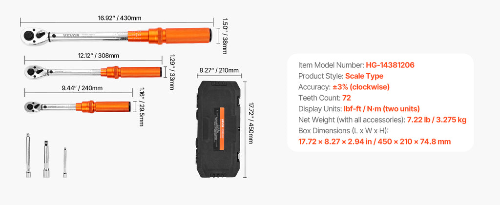 SucceBuy 1/2" 1/4" 3/8" Mechanical Torque Wrench Set Precision Pointer Hand Tools Torque Wrench Mechanical Car Repair Tool